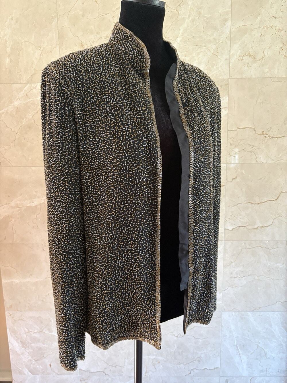VTG 90s Hand-Beaded Silk Full Zip Jacket M — Black Gold Maximalist Cocktail Glam